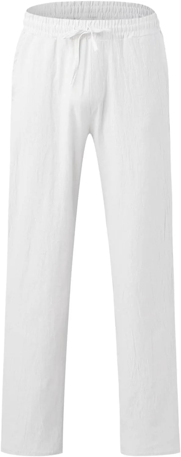 QWENTMTNTY Men's Elastic Waist Cotton Linen Pants Casual Summer Straight Leg Trousers Drawstring Stretch Beach Pants Slacks