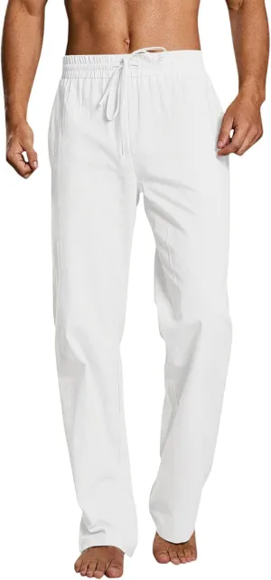 QWENTMTNTY Men's Elastic Waist Cotton Linen Pants Casual Summer Straight Leg Trousers Drawstring Stretch Beach Pants Slacks
