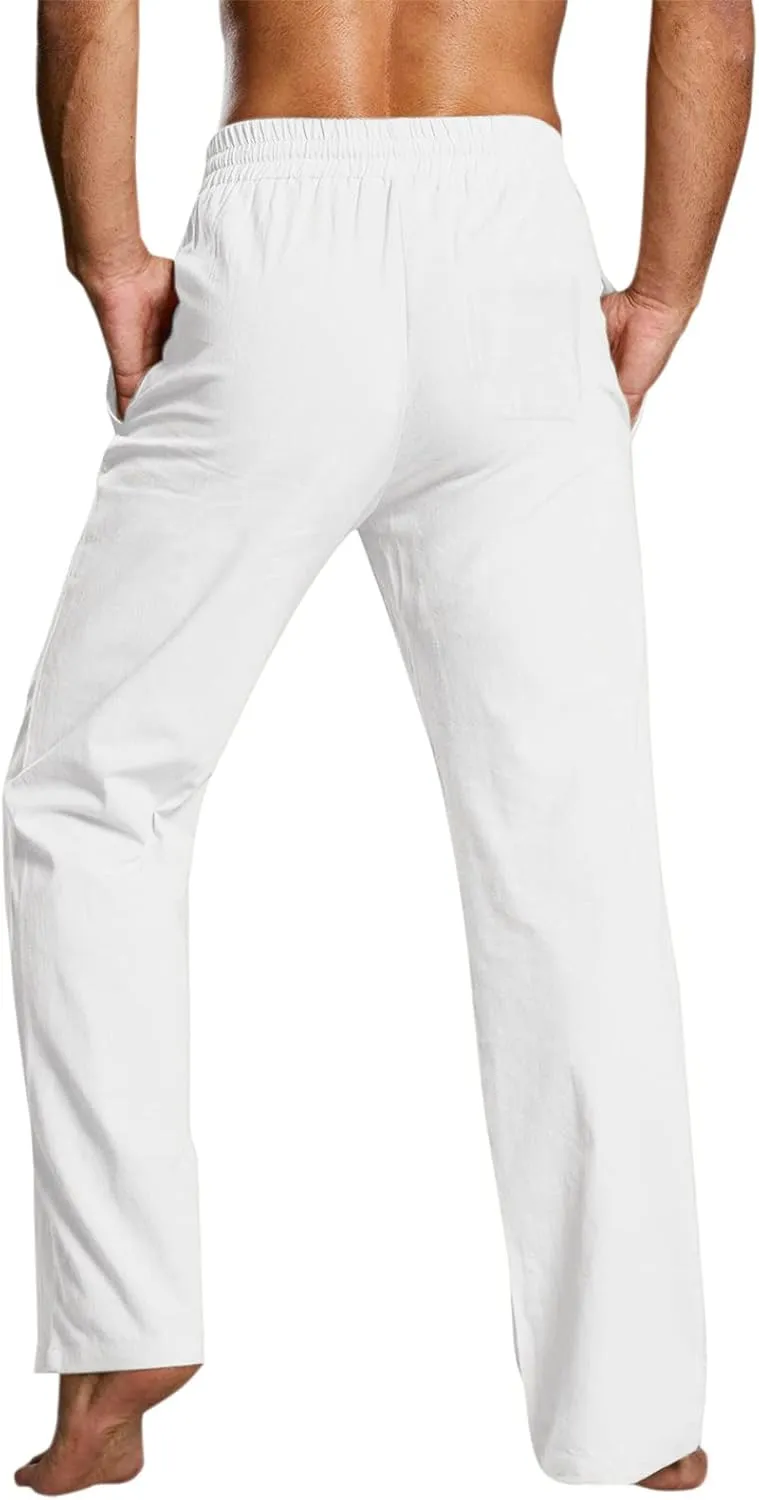 QWENTMTNTY Men's Elastic Waist Cotton Linen Pants Casual Summer Straight Leg Trousers Drawstring Stretch Beach Pants Slacks