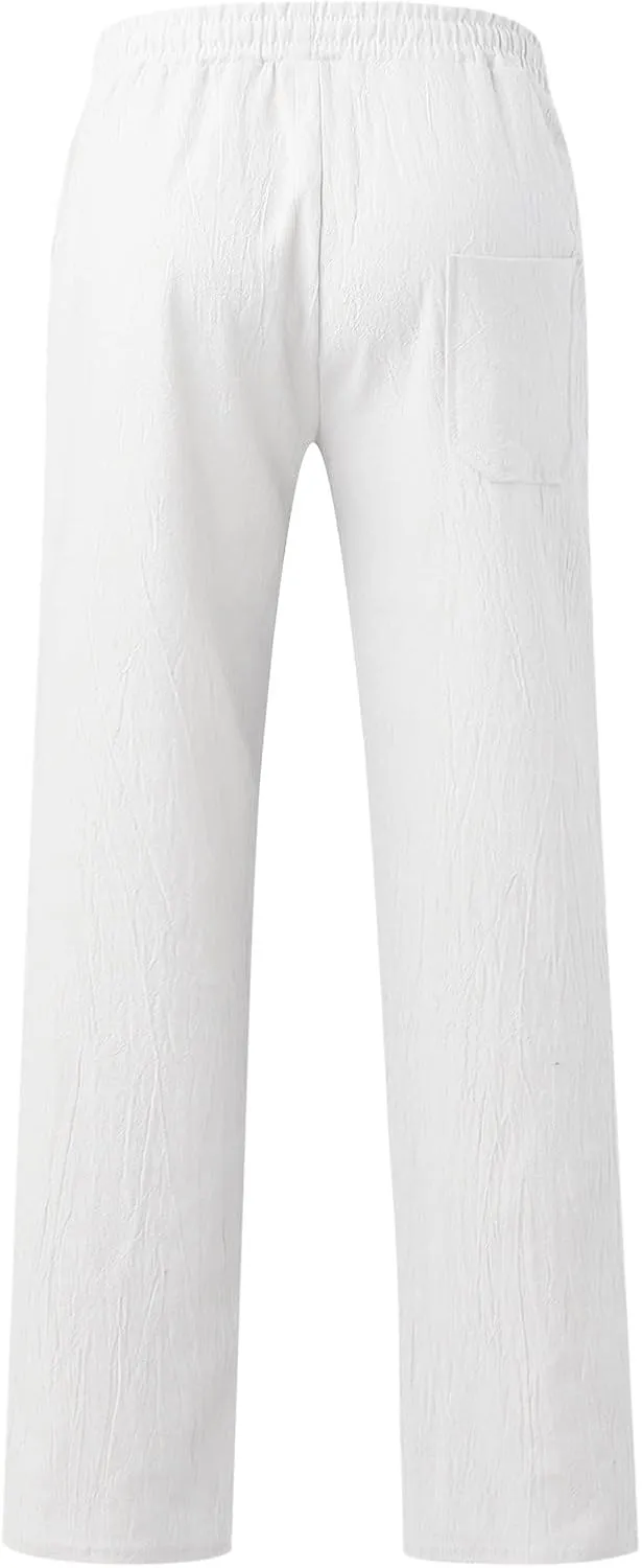 QWENTMTNTY Men's Elastic Waist Cotton Linen Pants Casual Summer Straight Leg Trousers Drawstring Stretch Beach Pants Slacks