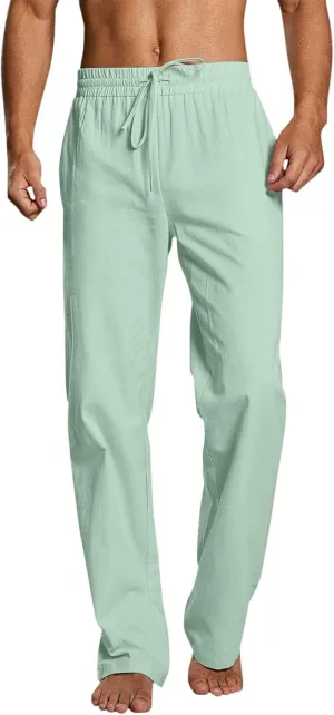 QWENTMTNTY Men's Elastic Waist Cotton Linen Pants Casual Summer Straight Leg Trousers Drawstring Stretch Beach Pants Slacks