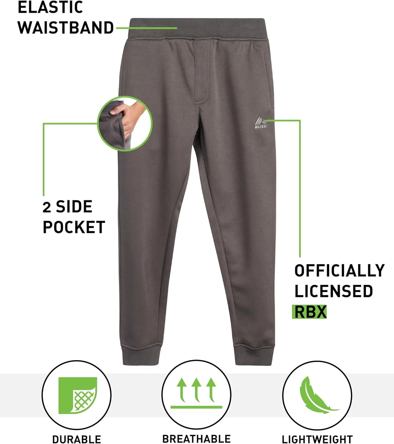 RBX Boys' Active Sweatpants - 2 Pack Performance Fleece Basic Jogger Track Pants - Athletic Pants for Boys (8-20)