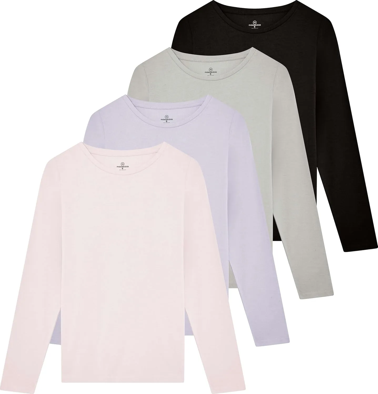 Real Essentials 4 Pack: Women's Cotton Classic-Fit Long-Sleeve Crewneck T-Shirt (Available in Plus Size)
