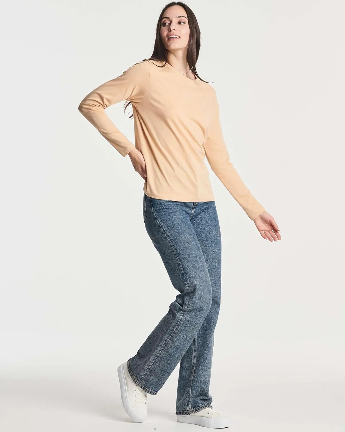 Real Essentials 4 Pack: Women's Cotton Classic-Fit Long-Sleeve Crewneck T-Shirt (Available in Plus Size)