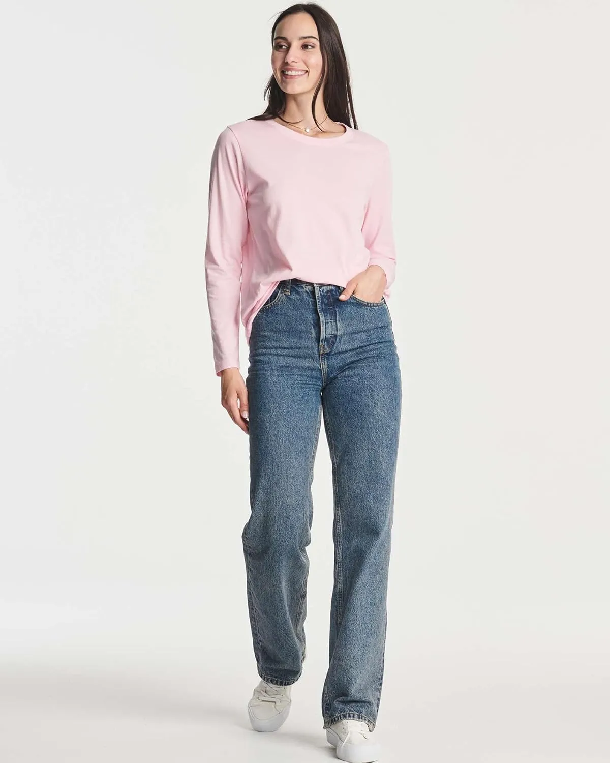 Real Essentials 4 Pack: Women's Cotton Classic-Fit Long-Sleeve Crewneck T-Shirt (Available in Plus Size)