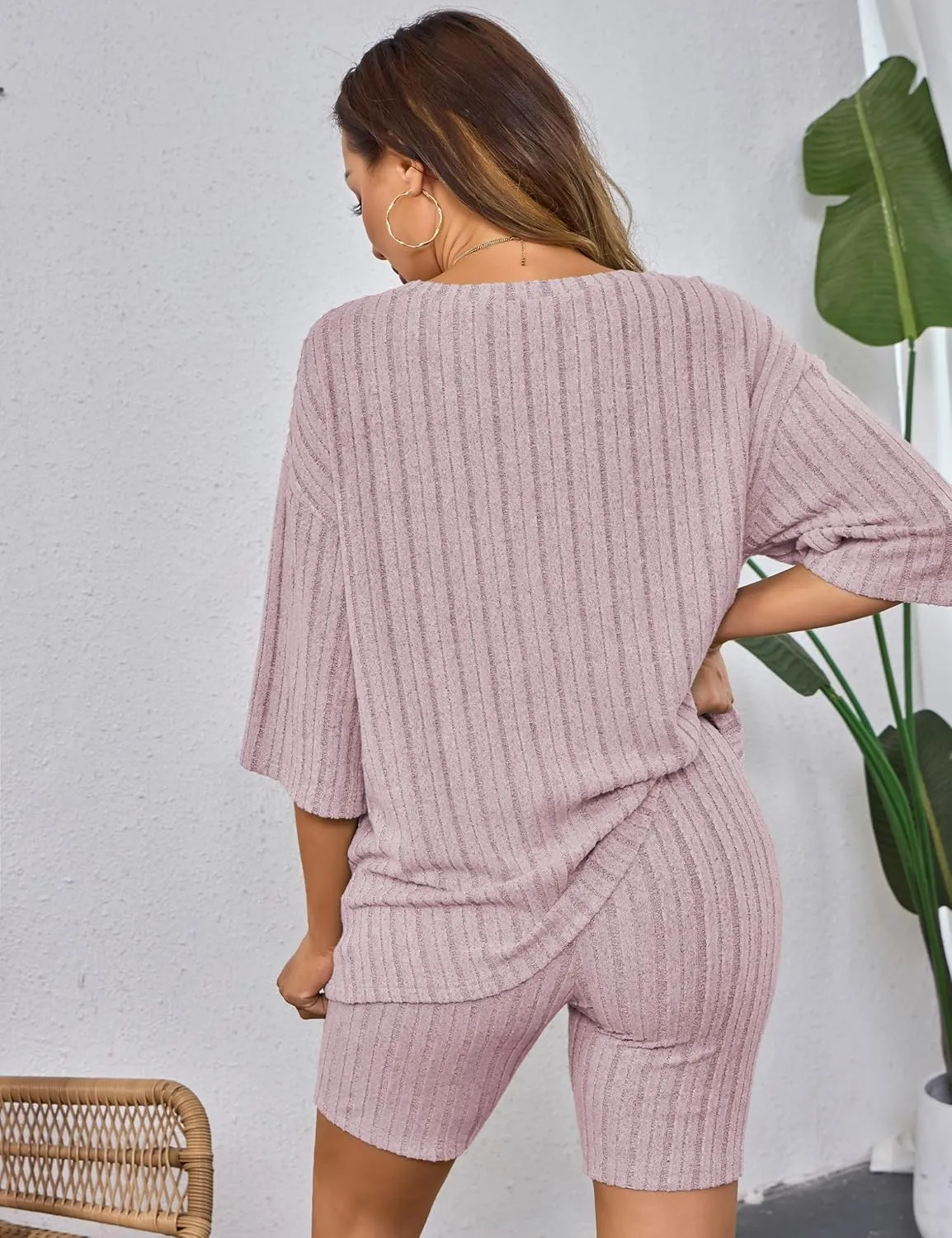 REDHOTYPE Women's Pajamas 2 Piece Outfits Ribbed Knit T-shirt with Biker Shorts Sweatsuits Loungewear Sets for Women