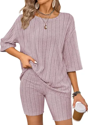REDHOTYPE Women's Pajamas 2 Piece Outfits Ribbed Knit T-shirt with Biker Shorts Sweatsuits Loungewear Sets for Women
