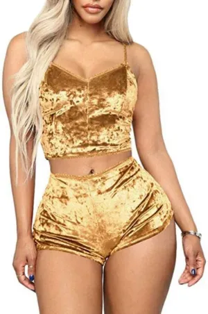 RUEWEY Women Sexy Strappy Babydoll Lingerie Satin Pajama Set Camisole with Shorts 2 Piece Sleepwear