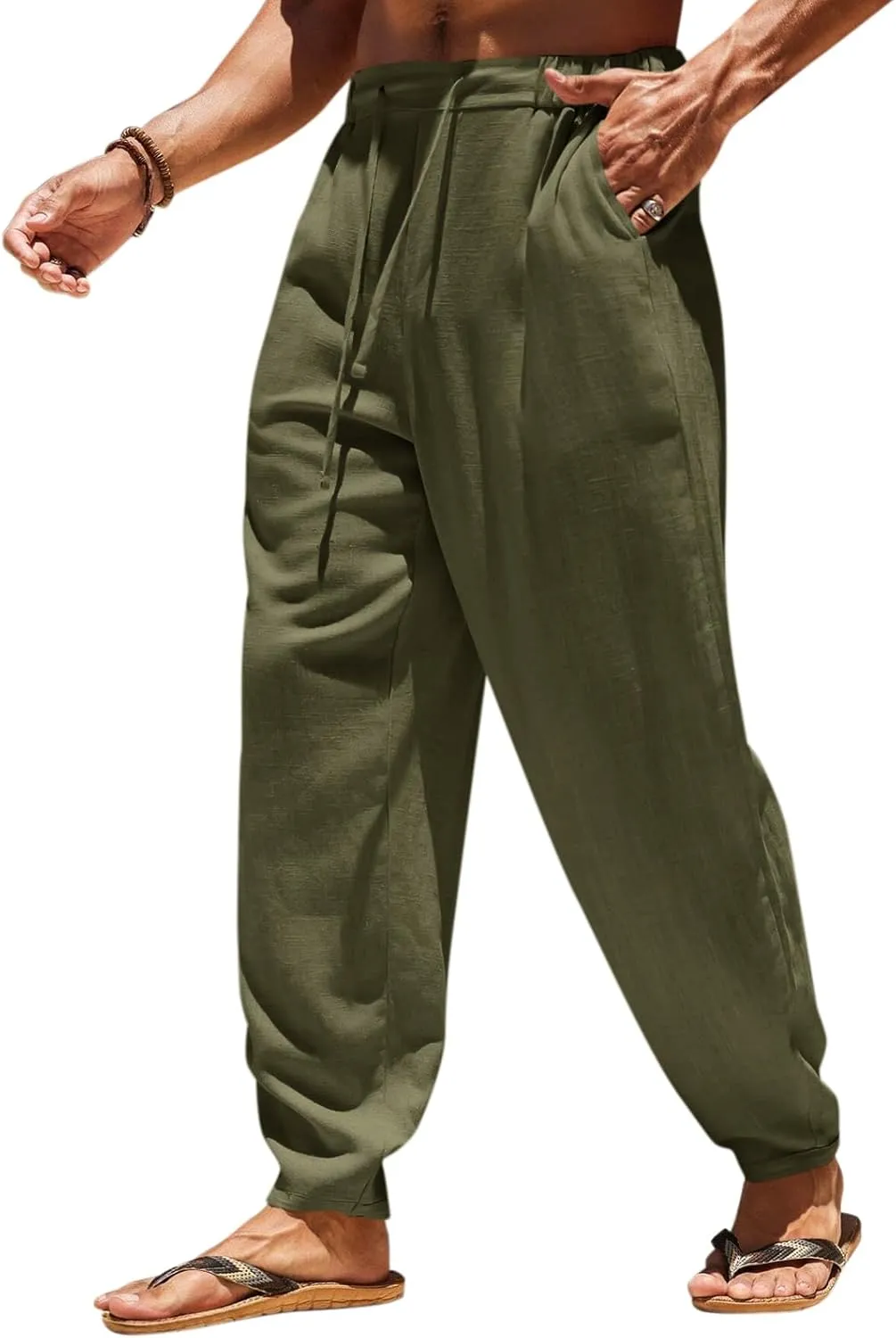 Runcati Mens Casual Pants Elastic Waist Linen Drawstring Lightweight Loose Fit Summer Beach Yoga Trousers