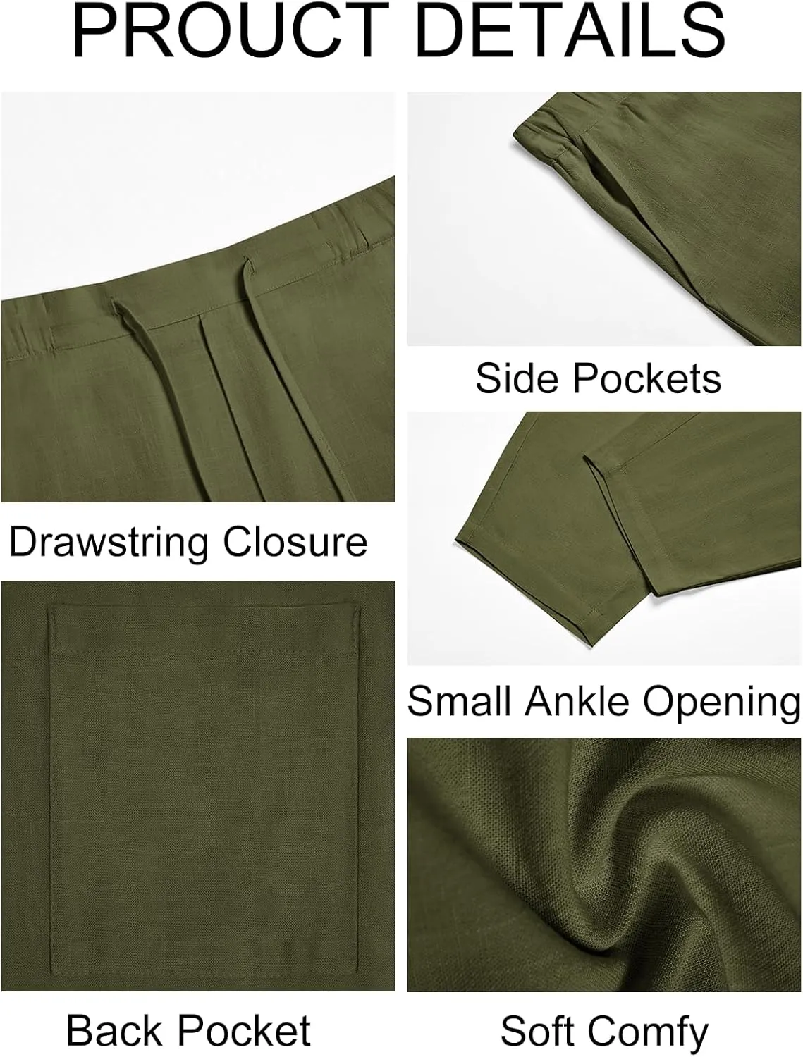 Runcati Mens Casual Pants Elastic Waist Linen Drawstring Lightweight Loose Fit Summer Beach Yoga Trousers