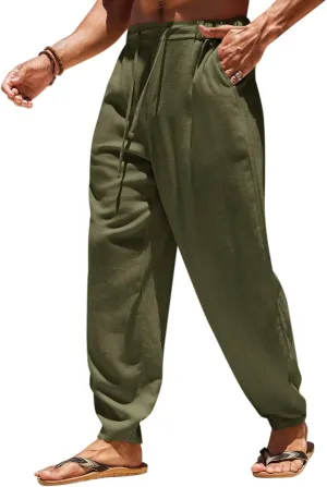 Runcati Mens Casual Pants Elastic Waist Linen Drawstring Lightweight Loose Fit Summer Beach Yoga Trousers