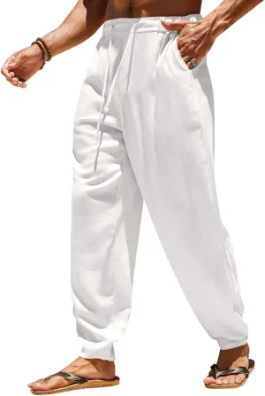Runcati Mens Casual Pants Elastic Waist Linen Drawstring Lightweight Loose Fit Summer Beach Yoga Trousers