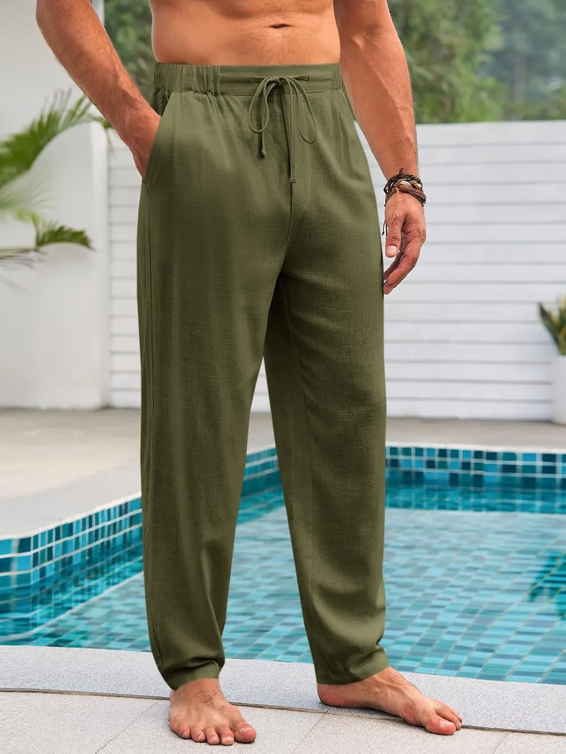 Runcati Mens Casual Pants Elastic Waist Linen Drawstring Lightweight Loose Fit Summer Beach Yoga Trousers