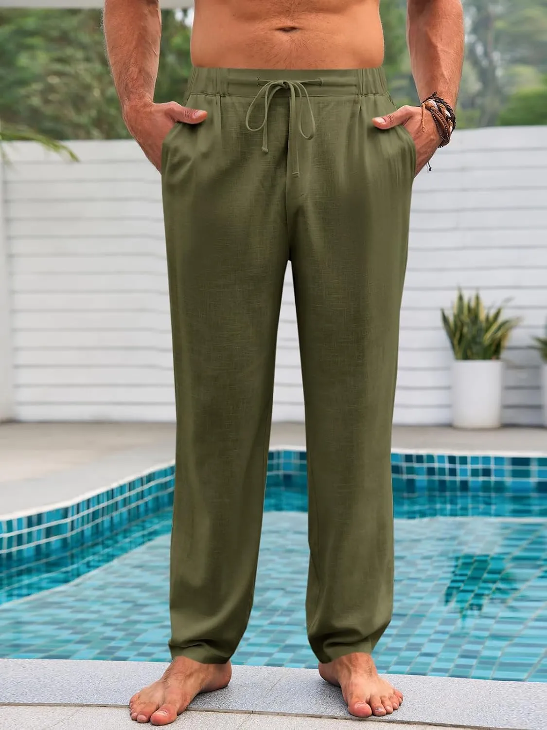 Runcati Mens Casual Pants Elastic Waist Linen Drawstring Lightweight Loose Fit Summer Beach Yoga Trousers