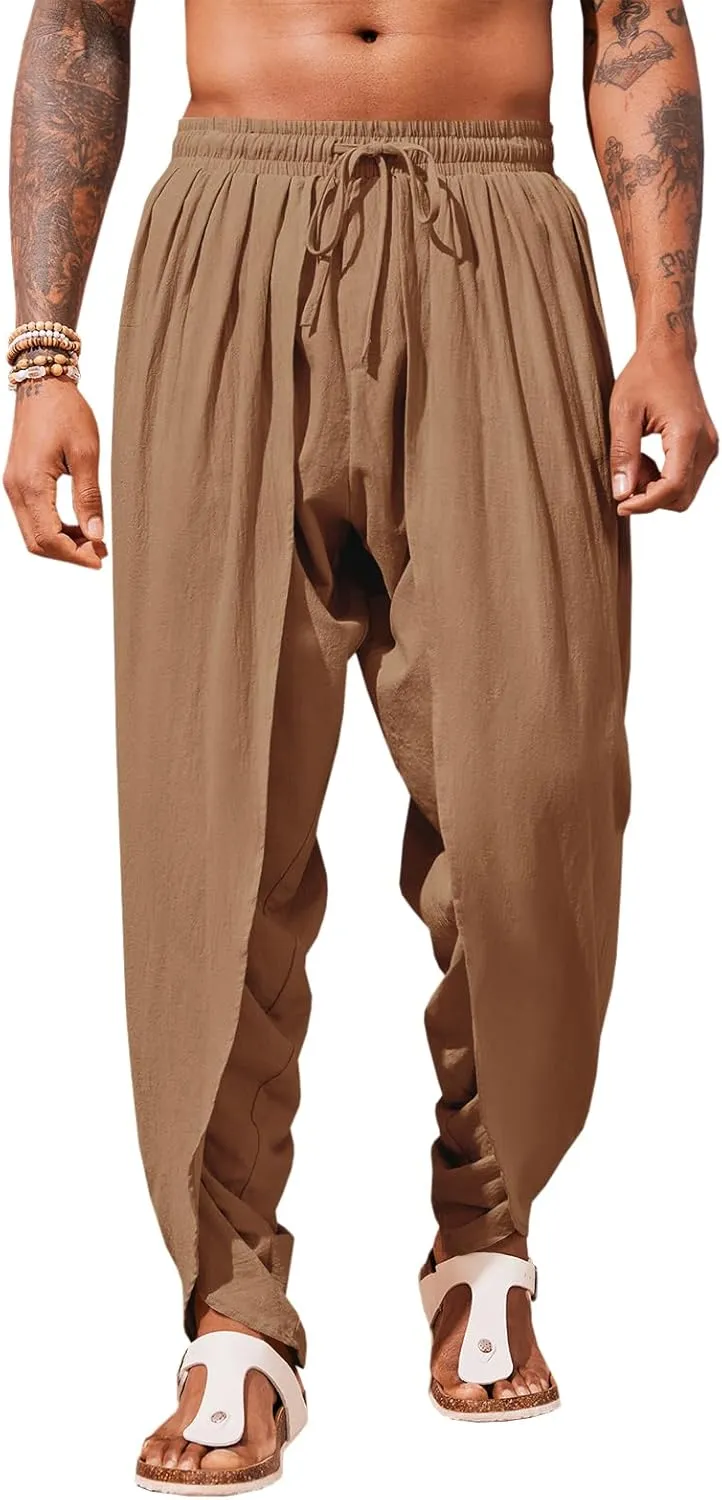 Runcati Mens Linen Harem Pants Casual Elastic Waist Pants Baggy Boho Yoga Hippie Summer Beach Kurta Dhoti Trousers