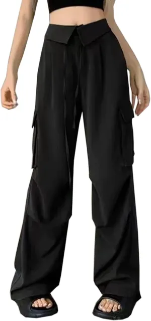 SANGTREE Women's Vintage Cargo Pants Multi-Pocket Loose Wide Leg Casual Pants
