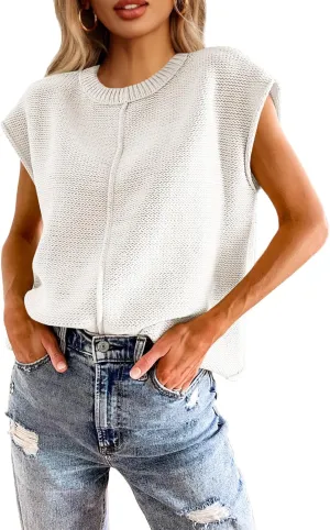 Saodimallsu Womens Summer Cap Sleeve Tops Casual Crew Neck Loose Fit Knit Lightweight Sweater Pullover Top