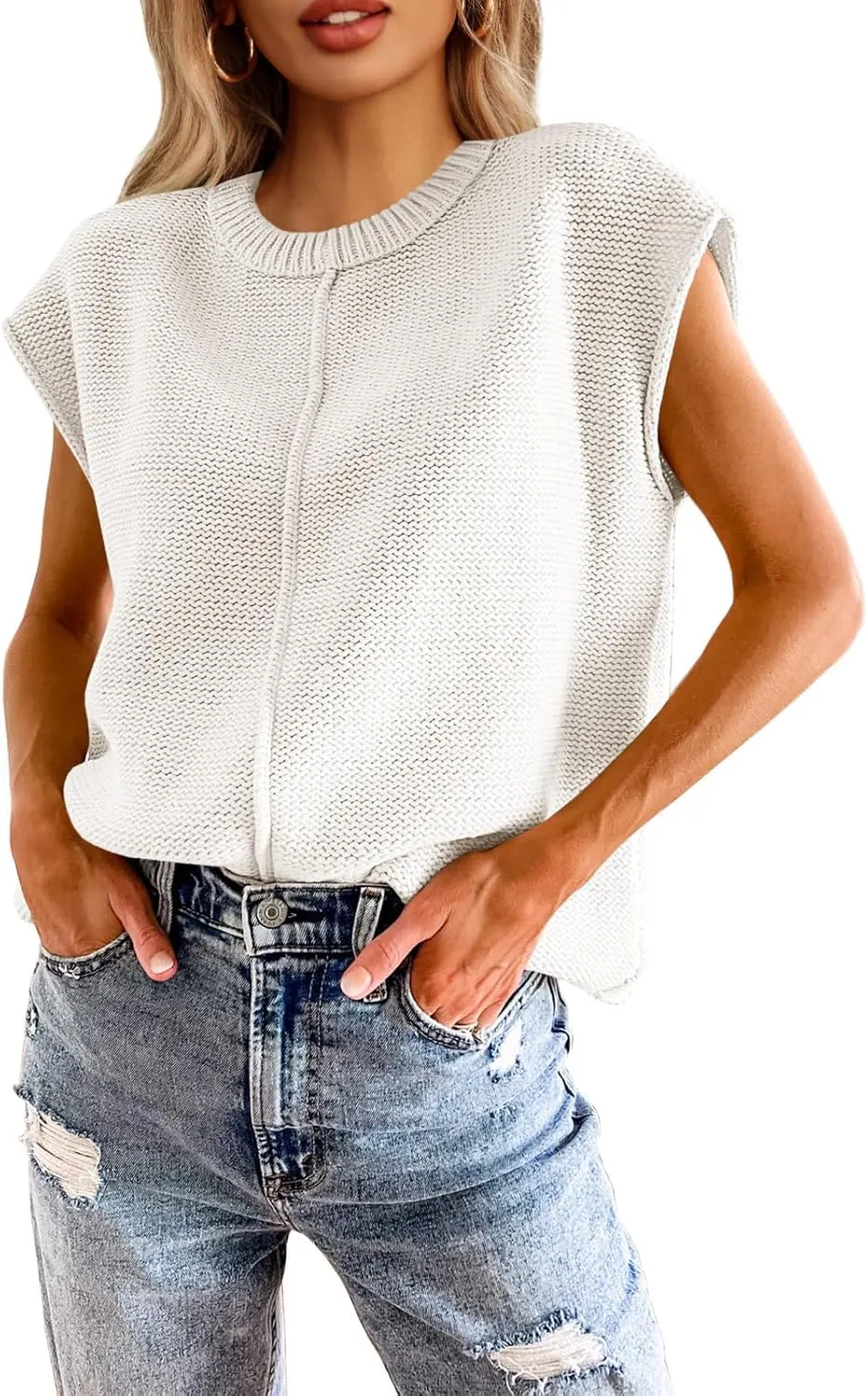 Saodimallsu Womens Summer Cap Sleeve Tops Casual Crew Neck Loose Fit Knit Lightweight Sweater Pullover Top