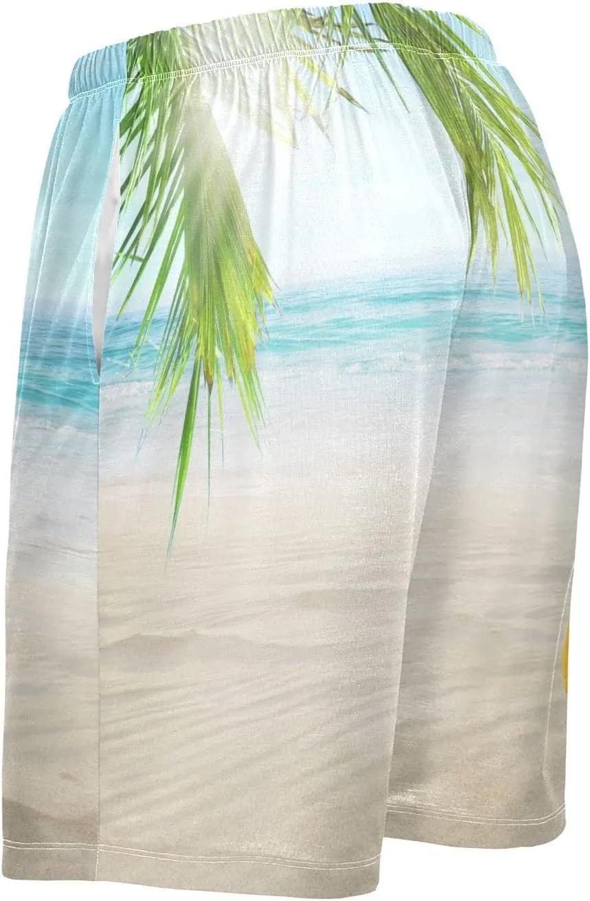 Seashell In Beach Sand Coconut Palm Tree Blue Tropical Ocean Men's Pajama Pants Shorts Sleepwear Lounge Pajama Bottoms