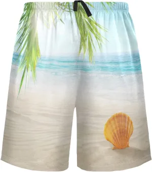 Seashell In Beach Sand Coconut Palm Tree Blue Tropical Ocean Men's Pajama Pants Shorts Sleepwear Lounge Pajama Bottoms