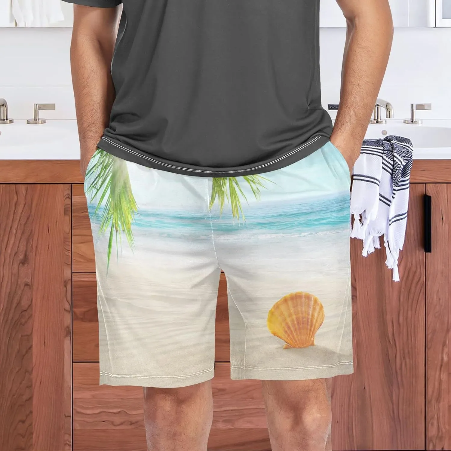 Seashell In Beach Sand Coconut Palm Tree Blue Tropical Ocean Men's Pajama Pants Shorts Sleepwear Lounge Pajama Bottoms