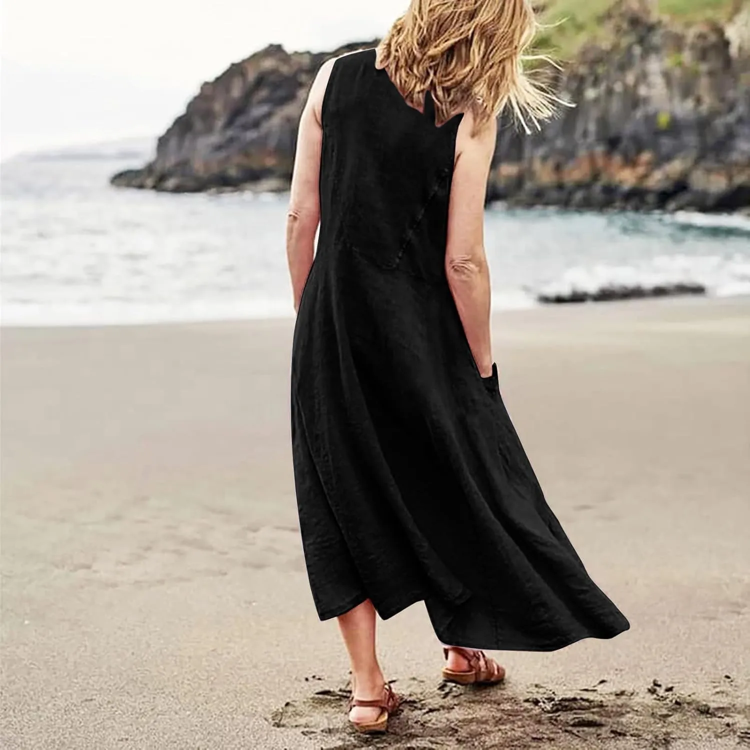 SGASY Summer Dresses for Women 2025 Sleeveless Casual Cotton Linen Sundress Plus Size Maxi Tank Beach Dress with Pocket