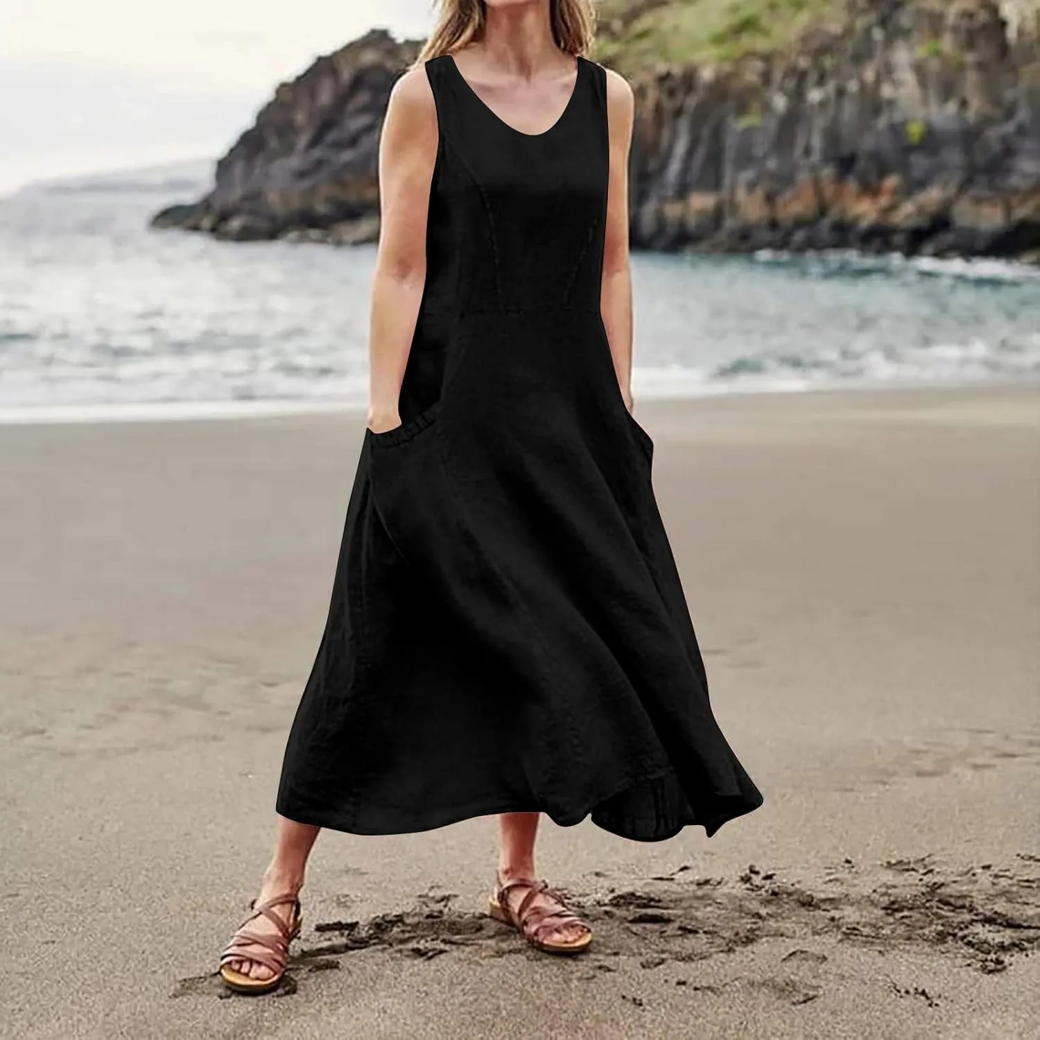 SGASY Summer Dresses for Women 2025 Sleeveless Casual Cotton Linen Sundress Plus Size Maxi Tank Beach Dress with Pocket