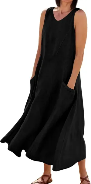 SGASY Summer Dresses for Women 2025 Sleeveless Casual Cotton Linen Sundress Plus Size Maxi Tank Beach Dress with Pocket