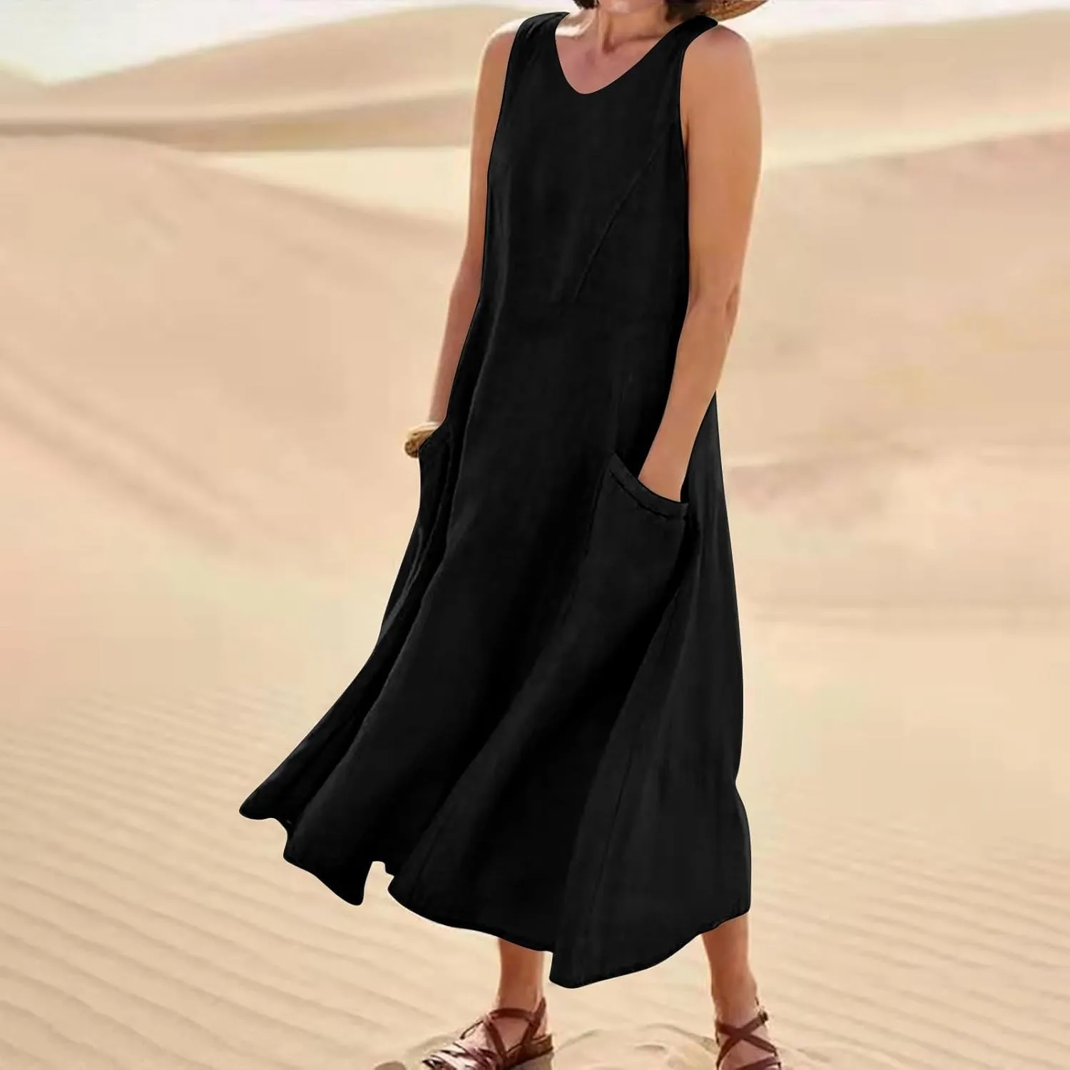 SGASY Summer Dresses for Women 2025 Sleeveless Casual Cotton Linen Sundress Plus Size Maxi Tank Beach Dress with Pocket