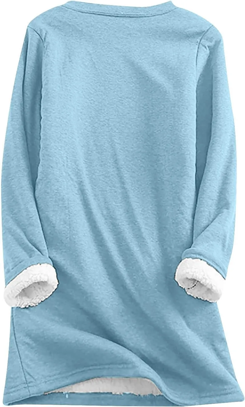 Sherpa Lined Sweatshirt Women Fleece Pullover Sweatshirt with Pockets Crewneck Pullover Fuzzy Thermal Underwear Tops