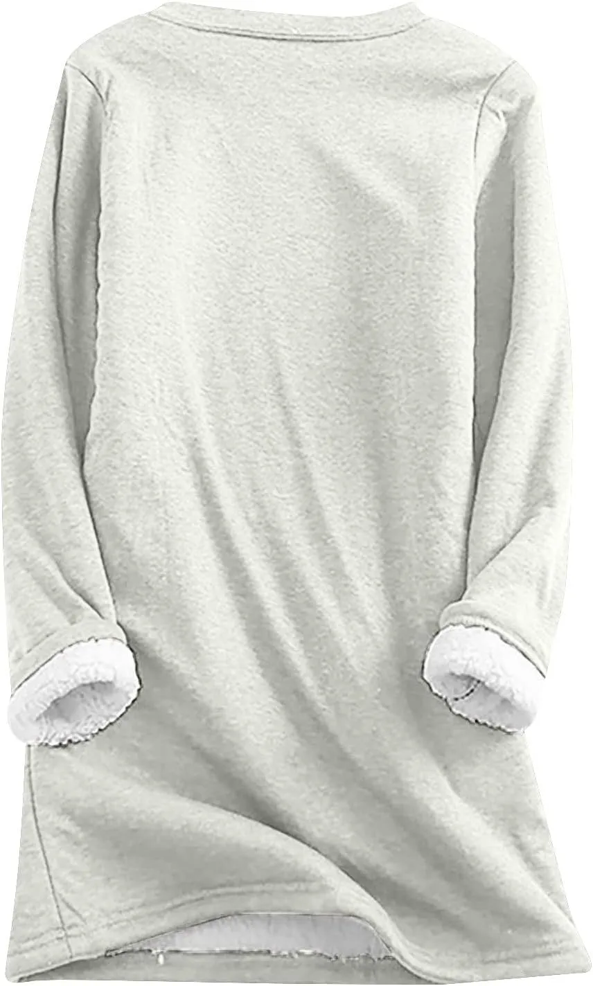 Sherpa Lined Sweatshirt Women Fleece Pullover Sweatshirt with Pockets Crewneck Pullover Fuzzy Thermal Underwear Tops