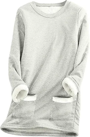 Sherpa Lined Sweatshirt Women Fleece Pullover Sweatshirt with Pockets Crewneck Pullover Fuzzy Thermal Underwear Tops