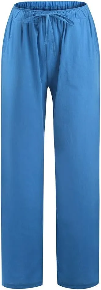 SHOPESSA Linen Wide Leg Pants Women Summer Palazzo Pants High Waisted Drawstring Lightweight Breathable Travel Casual Trouser