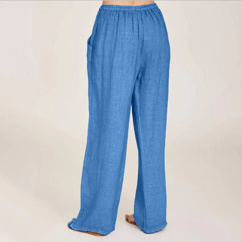 SHOPESSA Linen Wide Leg Pants Women Summer Palazzo Pants High Waisted Drawstring Lightweight Breathable Travel Casual Trouser