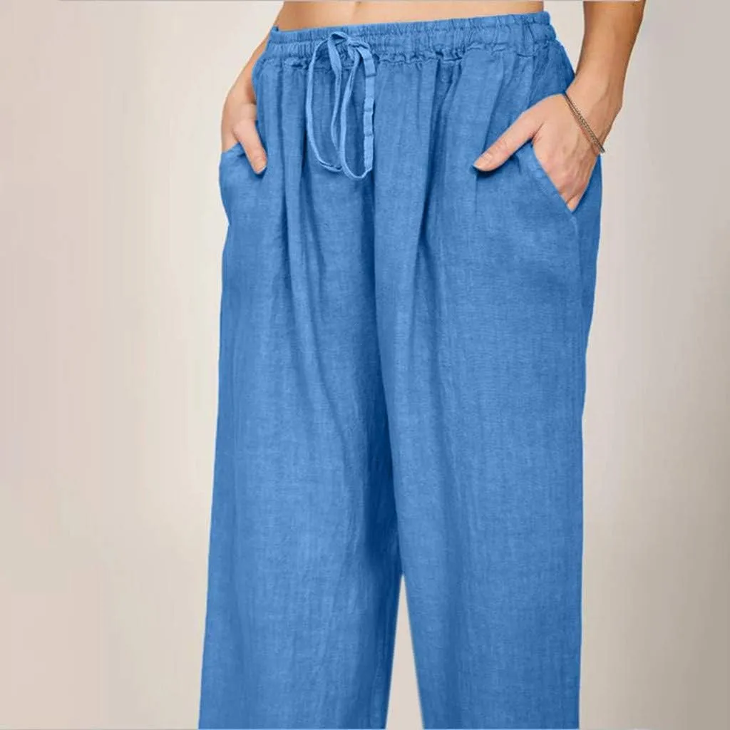 SHOPESSA Linen Wide Leg Pants Women Summer Palazzo Pants High Waisted Drawstring Lightweight Breathable Travel Casual Trouser