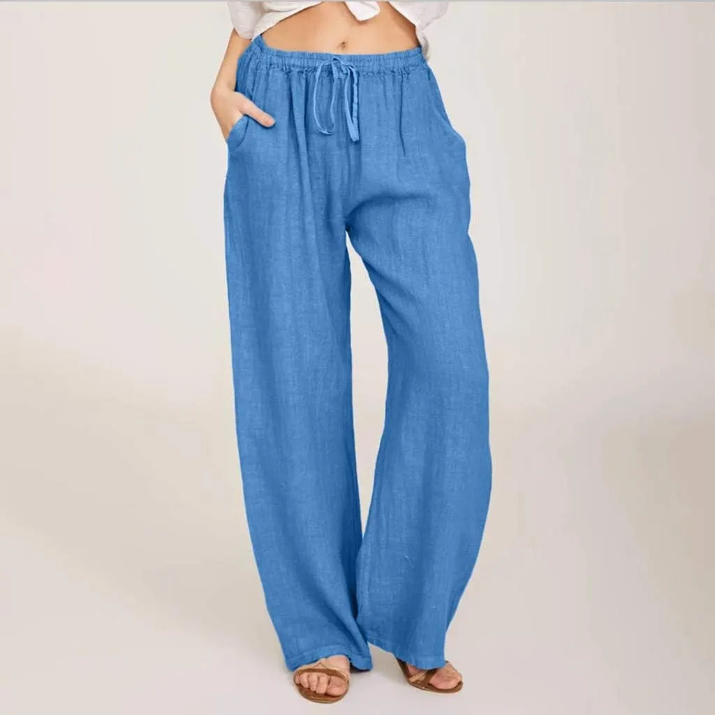 SHOPESSA Linen Wide Leg Pants Women Summer Palazzo Pants High Waisted Drawstring Lightweight Breathable Travel Casual Trouser