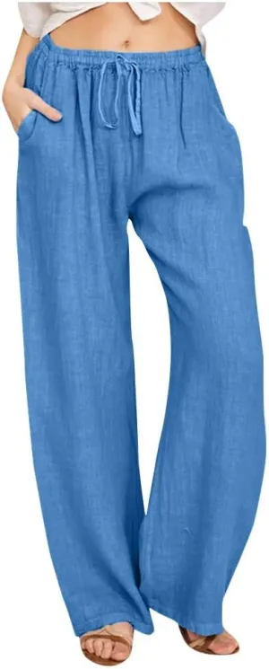SHOPESSA Linen Wide Leg Pants Women Summer Palazzo Pants High Waisted Drawstring Lightweight Breathable Travel Casual Trouser