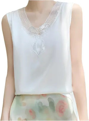 Sleeveless Lace Blouse for Women Summer Casual Round Neck Lightweight Silk Satin Tank Tops Elegant Camisole Shirt