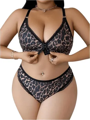 SOLY HUX Women's Plus Size Leopard Print Lingerie Set Sexy Lace Sheer Front Closed Bra and Panty 2 Piece Sets