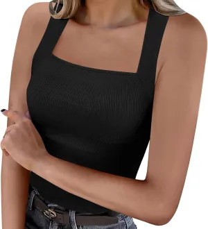 Square Neck Sleeveless Tops for Women Summer Yoga Gym Tank Top Rib Knit Slim Workout Shirts 2025 Trendy Outfits