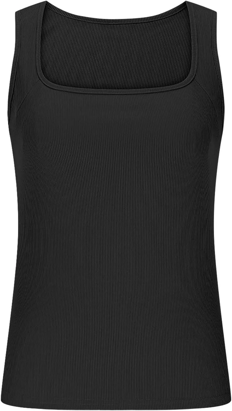 Square Neck Sleeveless Tops for Women Summer Yoga Gym Tank Top Rib Knit Slim Workout Shirts 2025 Trendy Outfits