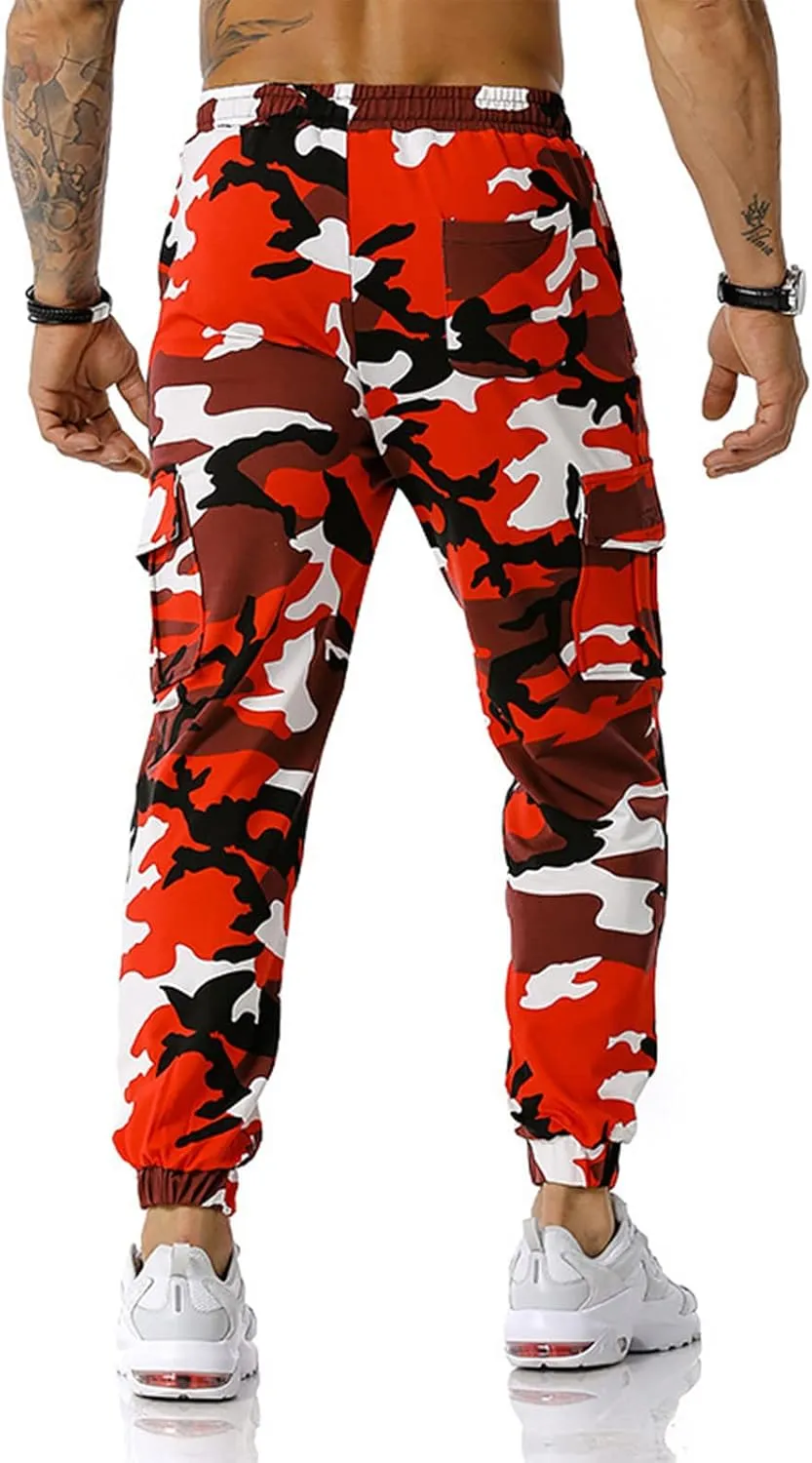 Stretch Multi-Pocket Cargo Pants for Men Drawstring Camouflage Print Straight Workout Joggers Sweatpants with Pockets