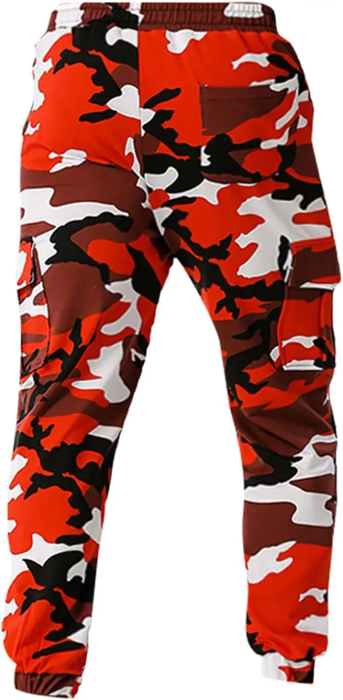 Stretch Multi-Pocket Cargo Pants for Men Drawstring Camouflage Print Straight Workout Joggers Sweatpants with Pockets