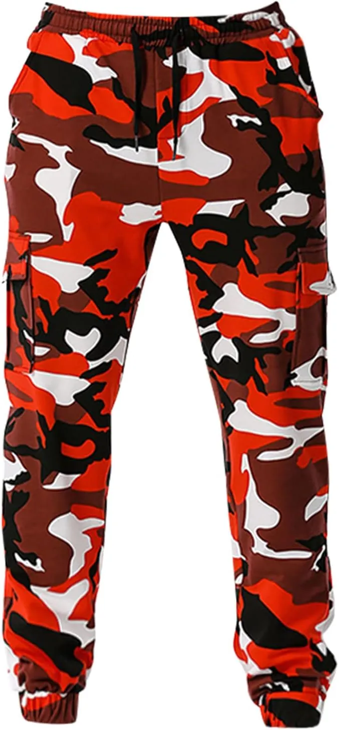 Stretch Multi-Pocket Cargo Pants for Men Drawstring Camouflage Print Straight Workout Joggers Sweatpants with Pockets
