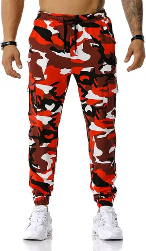 Stretch Multi-Pocket Cargo Pants for Men Drawstring Camouflage Print Straight Workout Joggers Sweatpants with Pockets