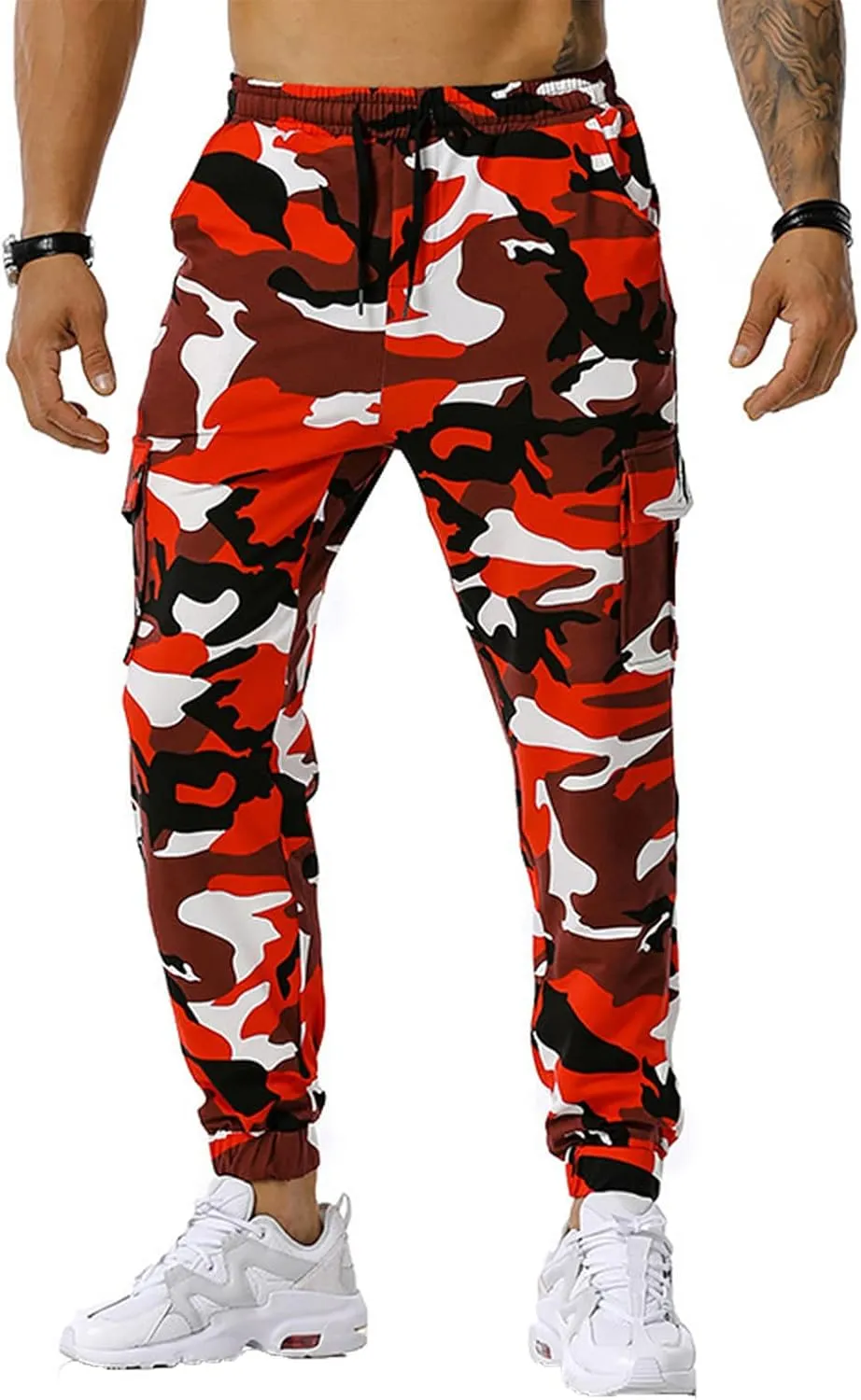 Stretch Multi-Pocket Cargo Pants for Men Drawstring Camouflage Print Straight Workout Joggers Sweatpants with Pockets