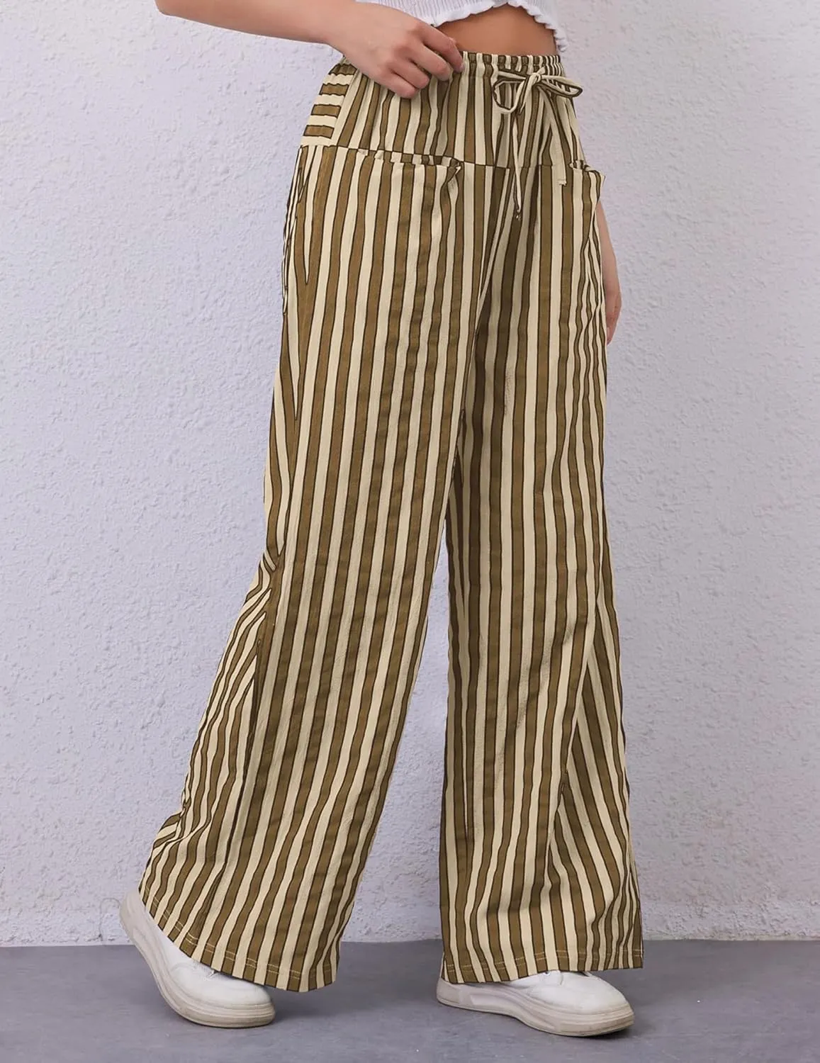 Striped Pants Women Wide Leg Trousers Drawstring Low Rise Casual Loose Lounge Pajama Pants with Pockets
