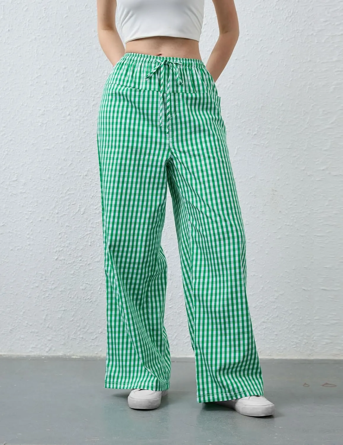 Striped Pants Women Wide Leg Trousers Drawstring Low Rise Casual Loose Lounge Pajama Pants with Pockets
