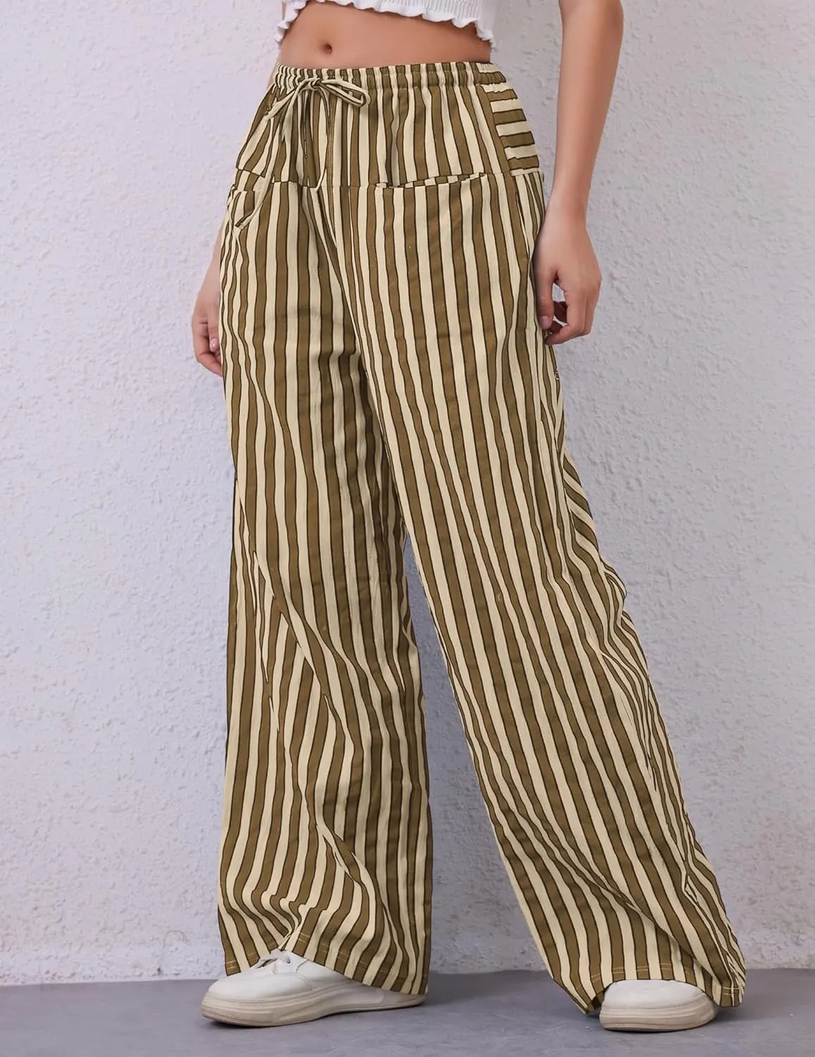 Striped Pants Women Wide Leg Trousers Drawstring Low Rise Casual Loose Lounge Pajama Pants with Pockets