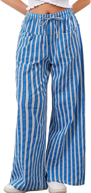 Striped Pants Women Wide Leg Trousers Drawstring Low Rise Casual Loose Lounge Pajama Pants with Pockets